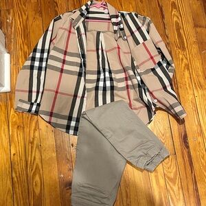 Set Plaid Button-Up Shirt and Khaki Pants Set